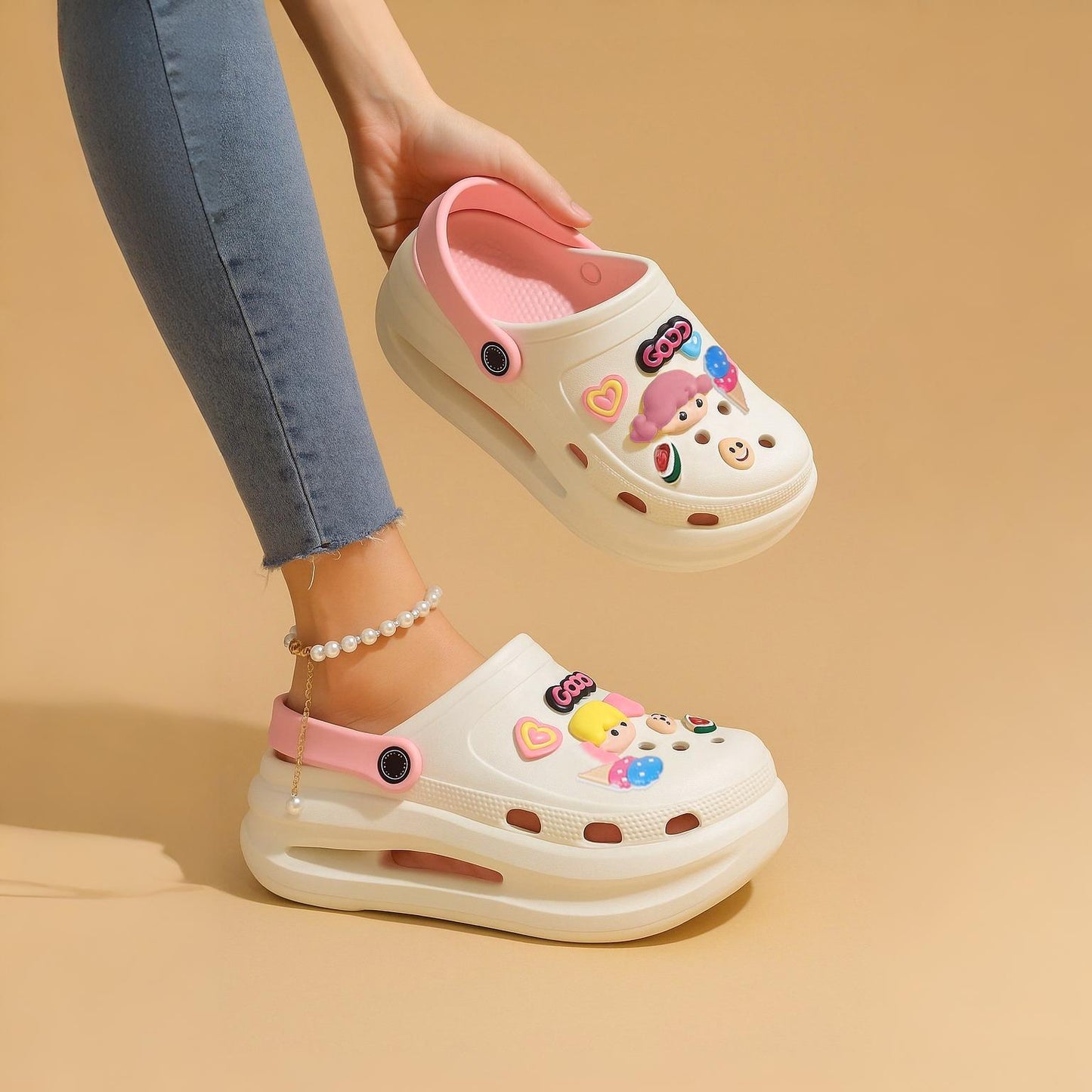 Women Doll Charm Crocs- Off white | Beige Edition