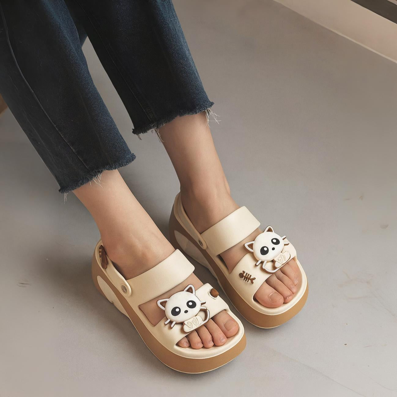 Women Cute Cat Platform Slides