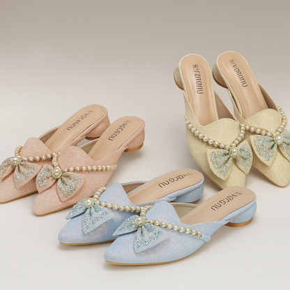 Premium Pearl Bow Glitter Mules