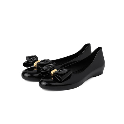 Women Chic Gloss Bow Flats – Light Pink | Black | Off White