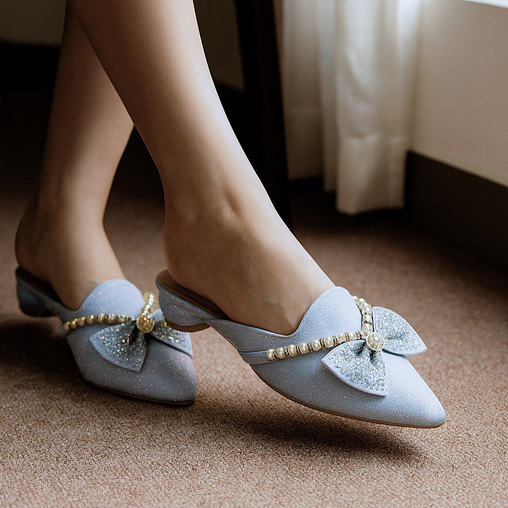 Premium Pearl Bow Glitter Mules