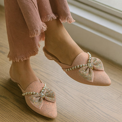 Premium Pearl Bow Glitter Mules