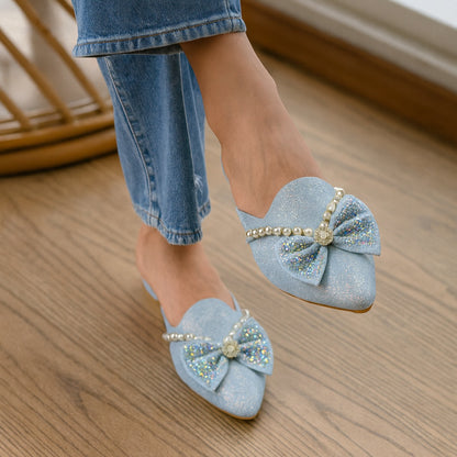 Premium Pearl Bow Glitter Mules