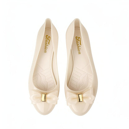 Women Chic Gloss Bow Flats – Light Pink | Black | Off White